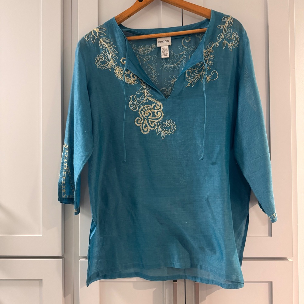 Chico's Teal Blue Cotton Silk Embroidered Tunic Top Gold Metallic Size‎ 2 Large